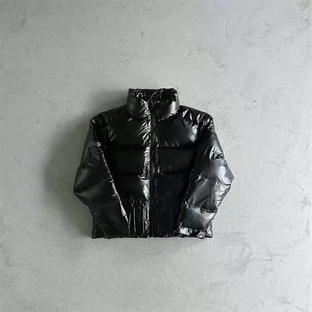 Black Puffer Jacket High Neck Shine Style