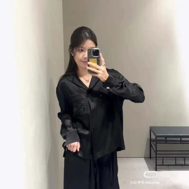 Black Satin Blazer Long Sleeve Formal Shirt
