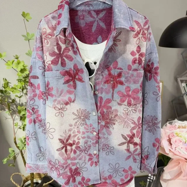 Floral Print Denim Shirt Pink Casual Button-Up