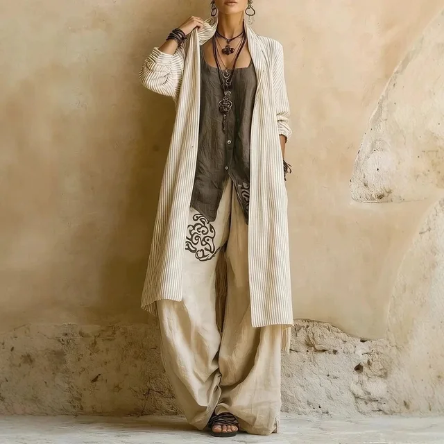 Boho Long Cardigan Beige Stripe Bohemian Style