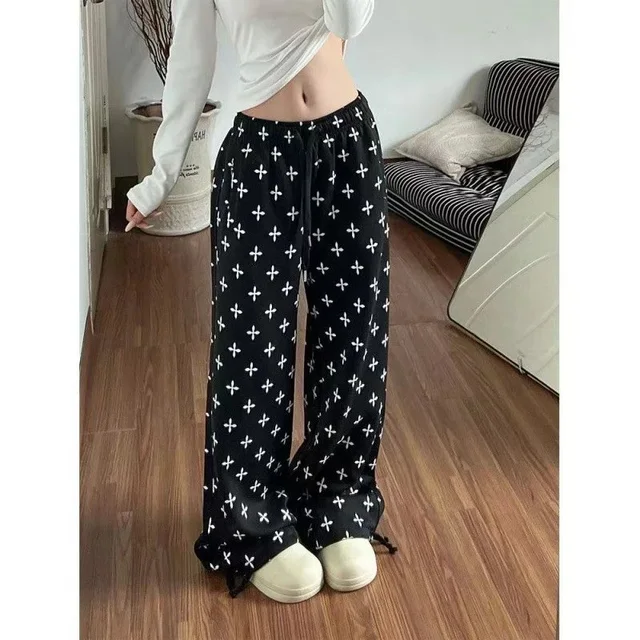 Black White Cross Print Wide Leg Pants Casual