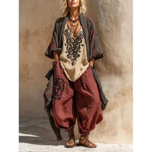 Ethnic Print Loose Red Bohemian Pants