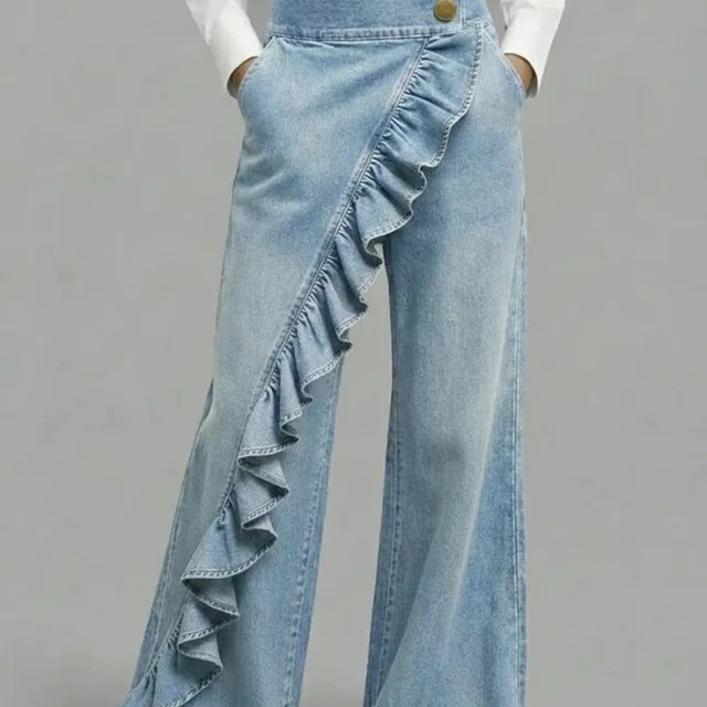 Denim Wide Leg Light Blue Ruffle Pants