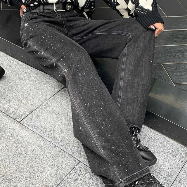 Star Print Black Wide Leg Jeans