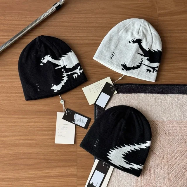 Piet Knit Beanie Black White Patterned Winter Hat
