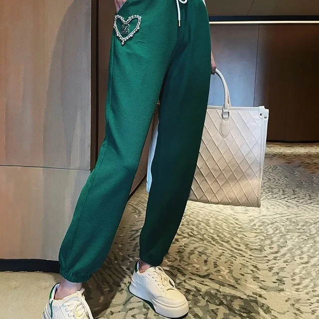 Green Embellished Heart Sweatpants Casual Pants