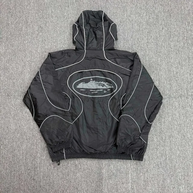 Black Hooded Windbreaker Jacket With Landscape Print