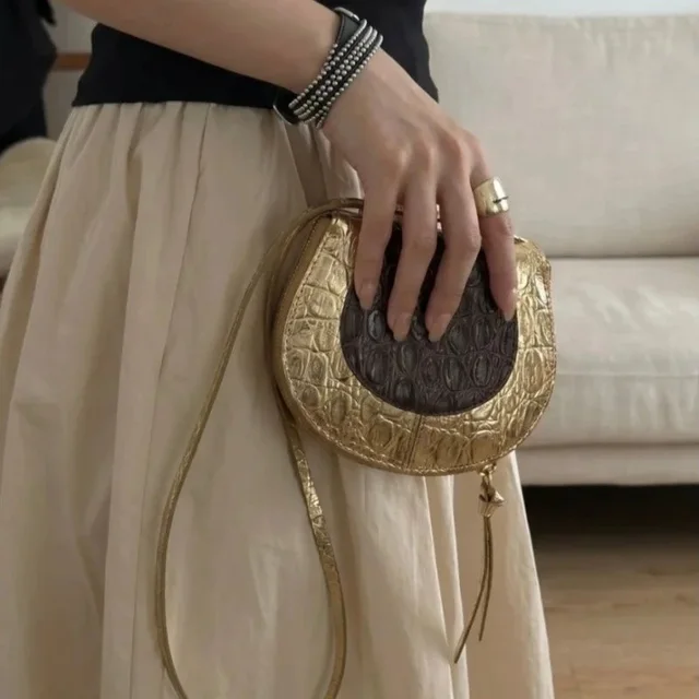 Gold Crocodile Print Half Moon Crossbody Bag
