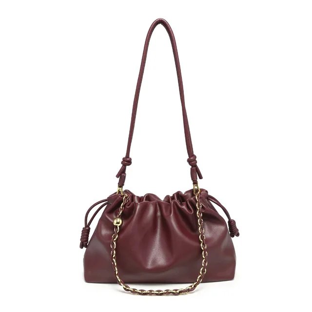 Leather Drawstring Burgundy Shoulder Bag