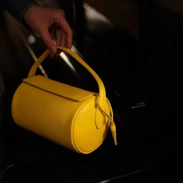 Yellow Leather Cylinder Handbag Fashion