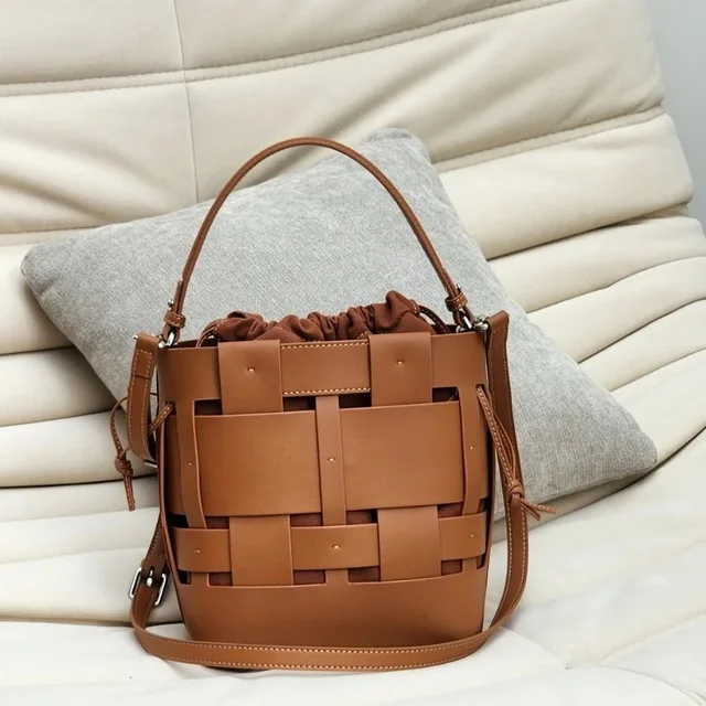 Leather Weave Bucket Tan Fashion Handbag