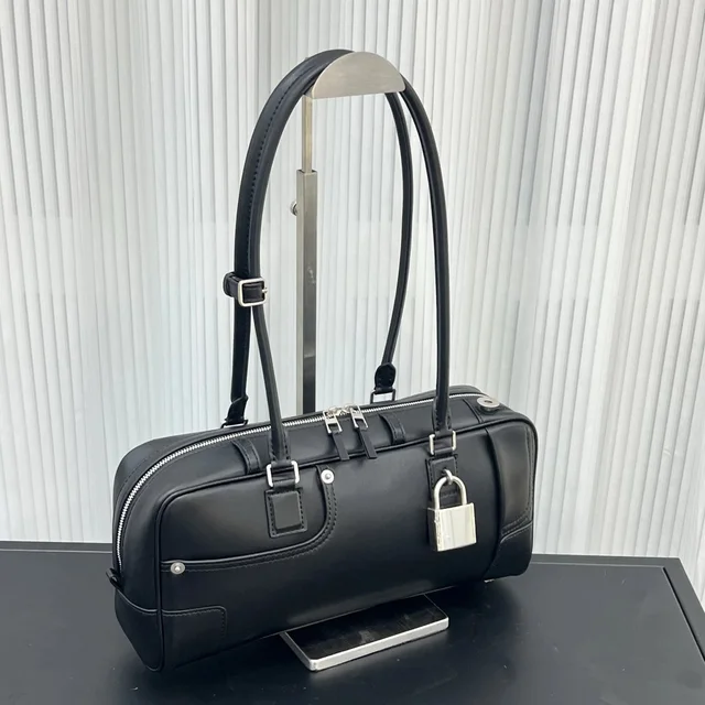 Leather Barrel Black Handbag With Lock
