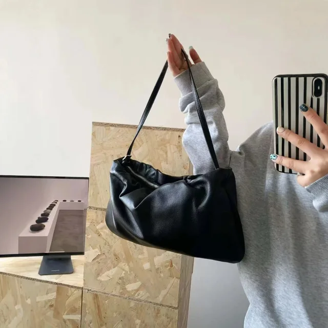 Leather Shoulder Bag Black Minimalist Tote