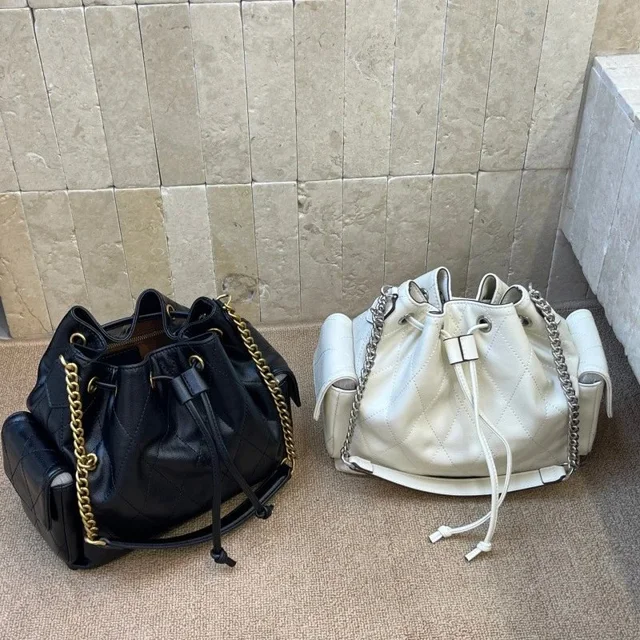 Quilted Leather Bucket Bag Black Fashion Handbag