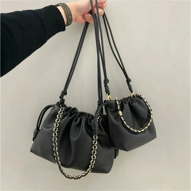 Leather Drawstring Black Chain Shoulder Bag