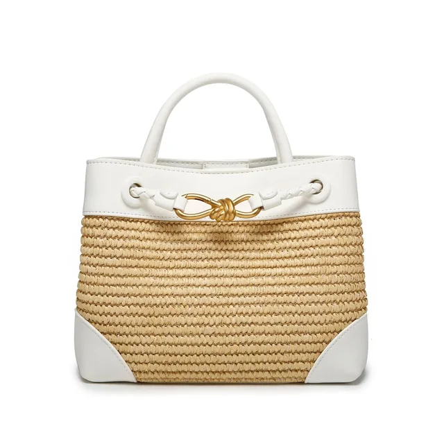 Rattan White Leather Tote Bag