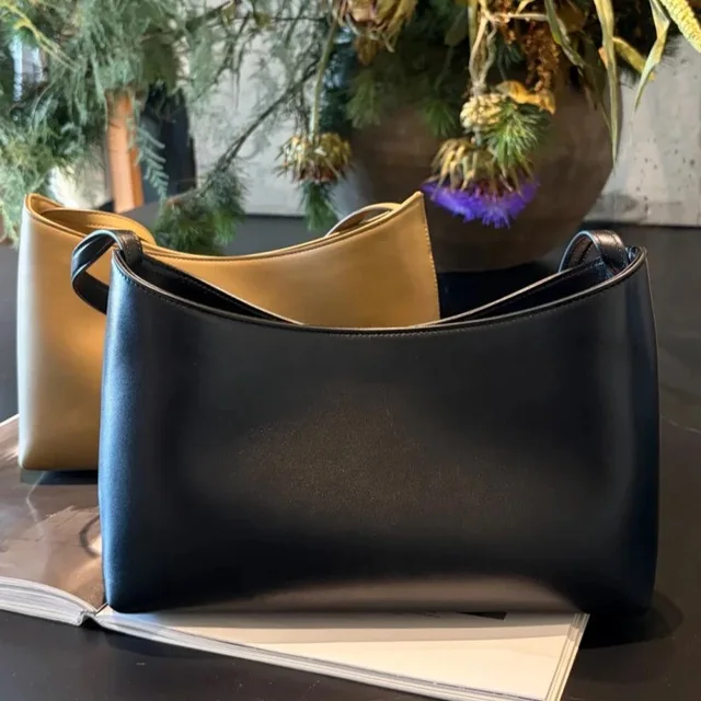 Leather Tote Bag Black Minimalist Shoulder Bag