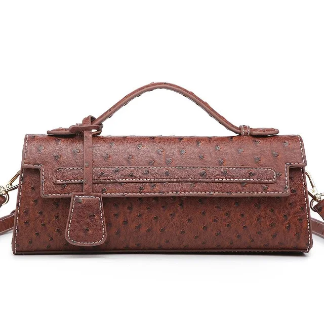 Ostrich Print Brown Leather Crossbody Bag