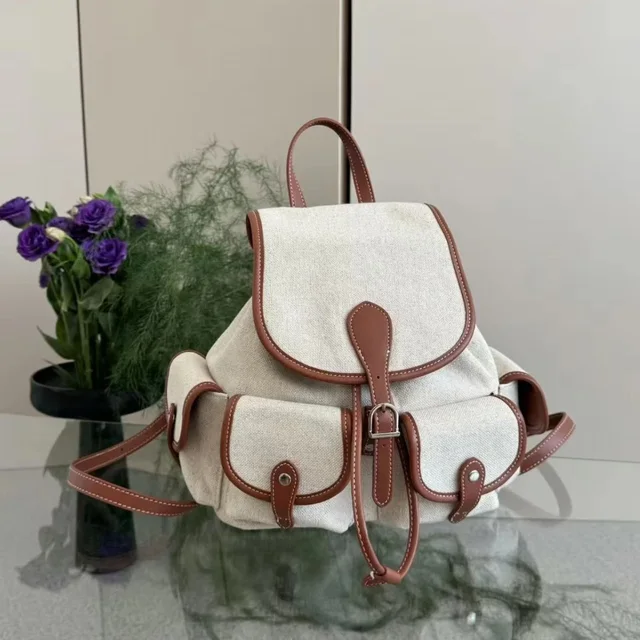 Canvas Backpack Beige Vintage Style