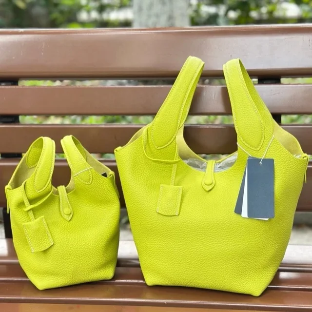 Lime Green Leather Tote Bag Set Casual