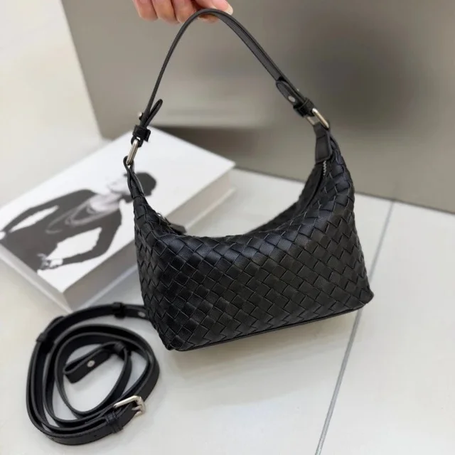 Woven Leather Black Shoulder Bag