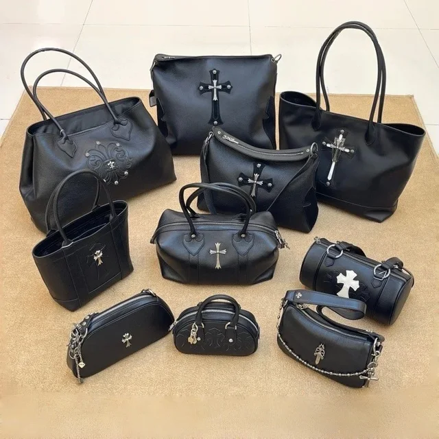 Black Leather Cross Design Handbags Set
