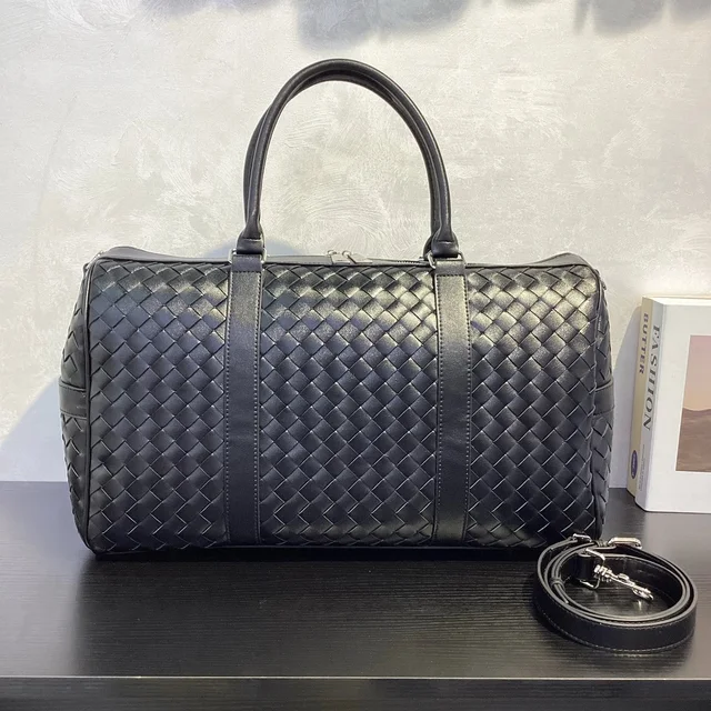 Woven Leather Black Duffle Bag