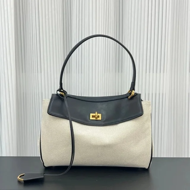 Leather Canvas Two-Tone Black And Beige Shoulder Bag