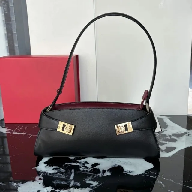 Black Leather Handbag With Gold Hardware Classic Style