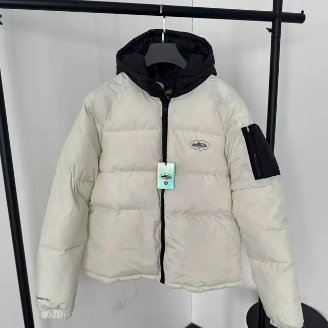 White Puffer Jacket With Hood Black Trim Winter Style