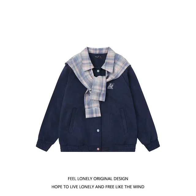 Feel Lonely Original Design Navy Blue Plaid Collar Jacket