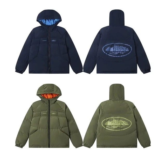 Laydown Hooded Puffer Jacket Navy Blue Casual