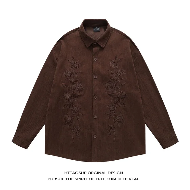 Httaosup Corduroy Brown Embroidered Shirt