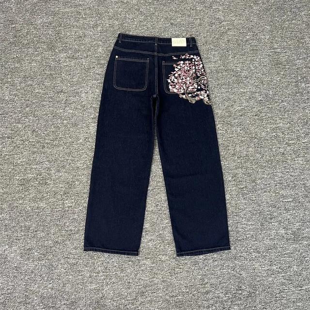 Denim Wide Leg Dark Blue Embroidered Pants