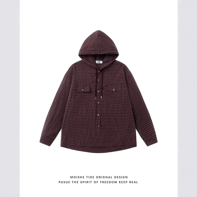 Moishe Tide Plaid Hooded Shirt Burgundy Casual Jacket