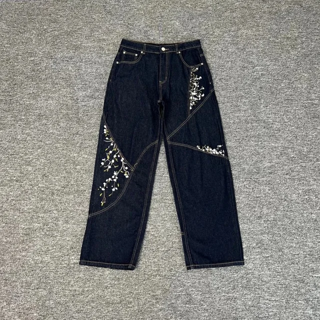 Denim Wide Leg Dark Blue Embroidered Pants