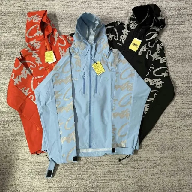 Tework Hooded Windbreaker Light Blue Patterned Jacket