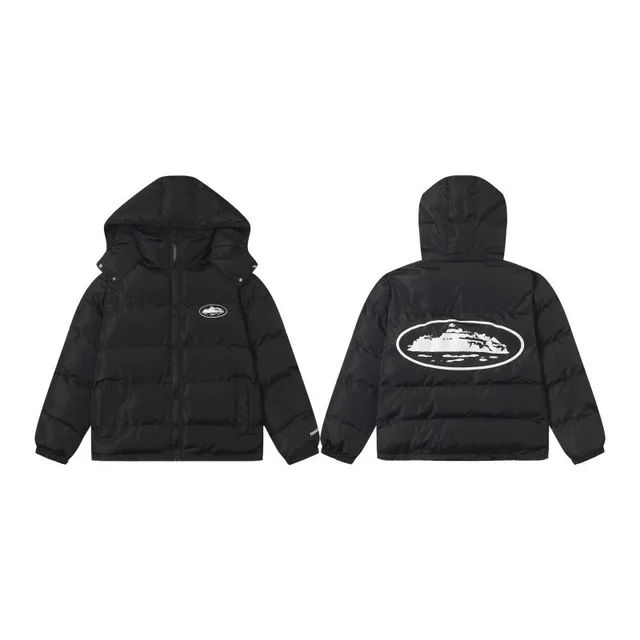 Black Puffer Jacket With Mountain Logo Winter Coat