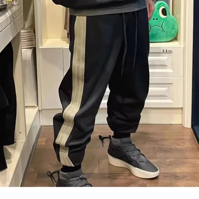 Black Track Pants With Beige Stripe Casual Joggers