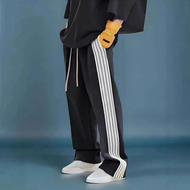 Black Track Pants With White Stripes Casual Sportswear