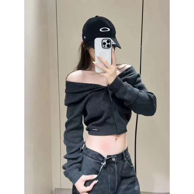 Black Off Shoulder Crop Knit Sweater