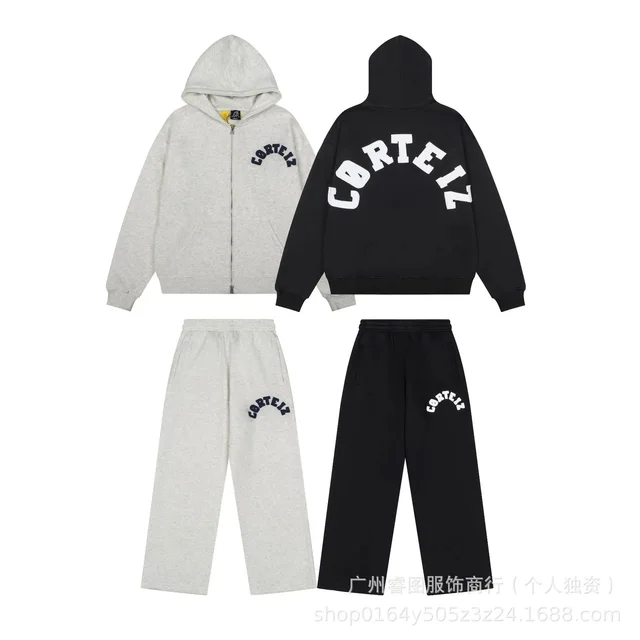 Corteiz Hoodie Set Grey And Black Casual