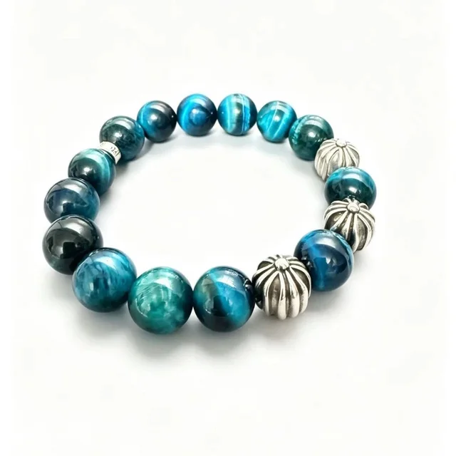Blue Tiger Eye Beaded Bracelet Silver Accent Jewelry