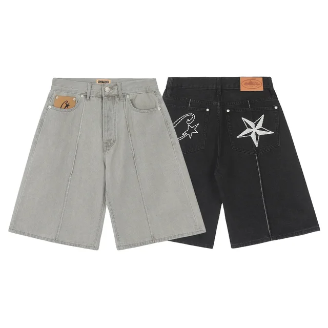 GenviGenes Denim Shorts Gray And Black Embroidered