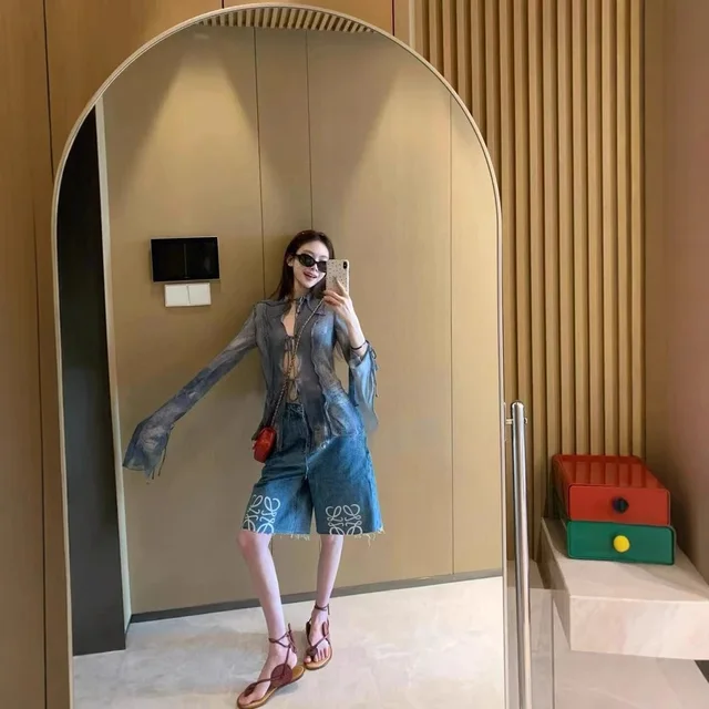 Denim Blue Embroidered Shorts Casual Pants