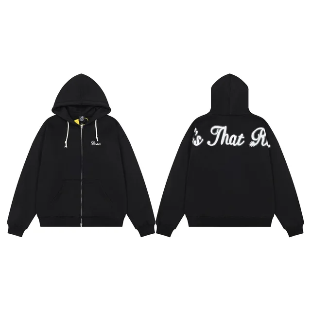 Corduroy Zip Hoodie Black Casual Sweatshirt