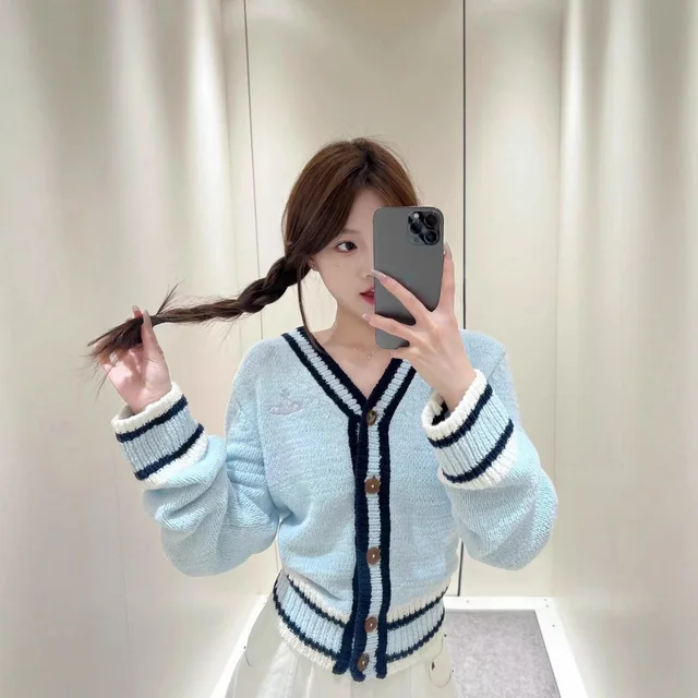 Knitted Cardigan Light Blue Striped Casual Sweater