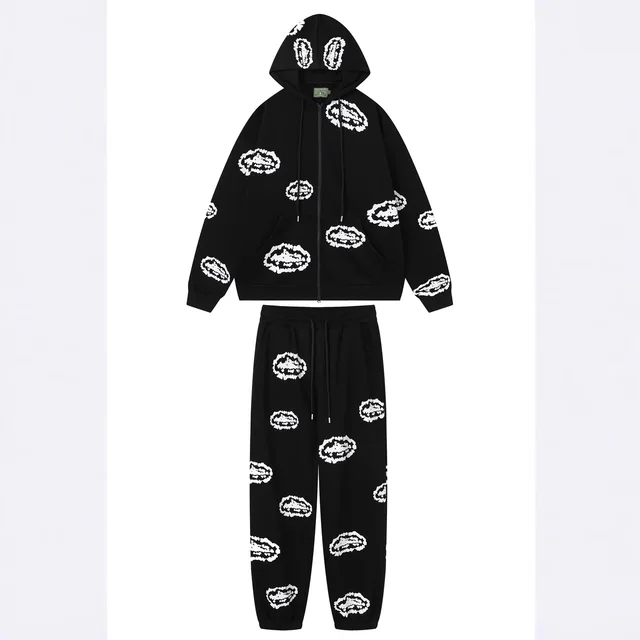 Black Printed Hoodie And Pants Set Casual