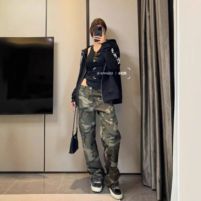 Unisex Camouflage Cargo Pants Green Streetwear