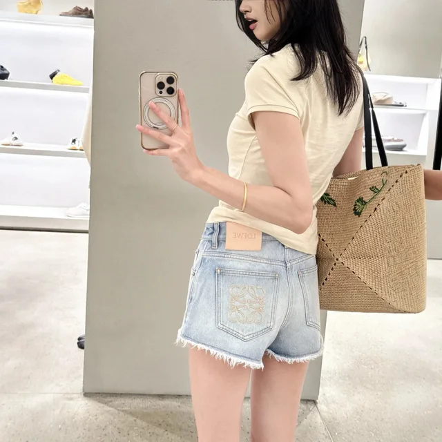 Loewe Denim Light Blue Embroidered Shorts